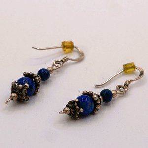 Vintage Bali Style Deep Blue Lapis Lazuli Sterling Silver Drop Earrings
